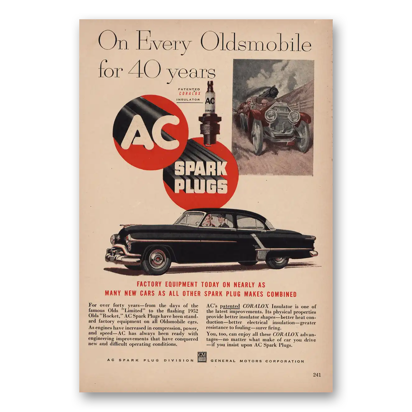 1952 AC Spark Plugs Every Oldsmobile for 40 Years Vintage Magazine Print Ad