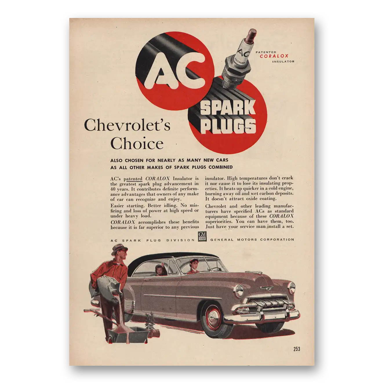 1952 AC Spark Plugs Chevrolets Choice Vintage Magazine Print Ad