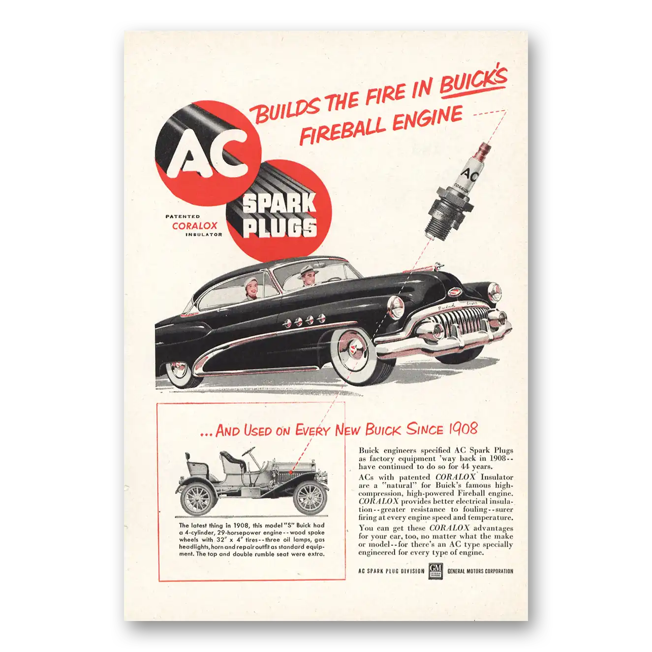 1952 AC Spark Plugs Buicks Fireball Engine Vintage Magazine Print Ad