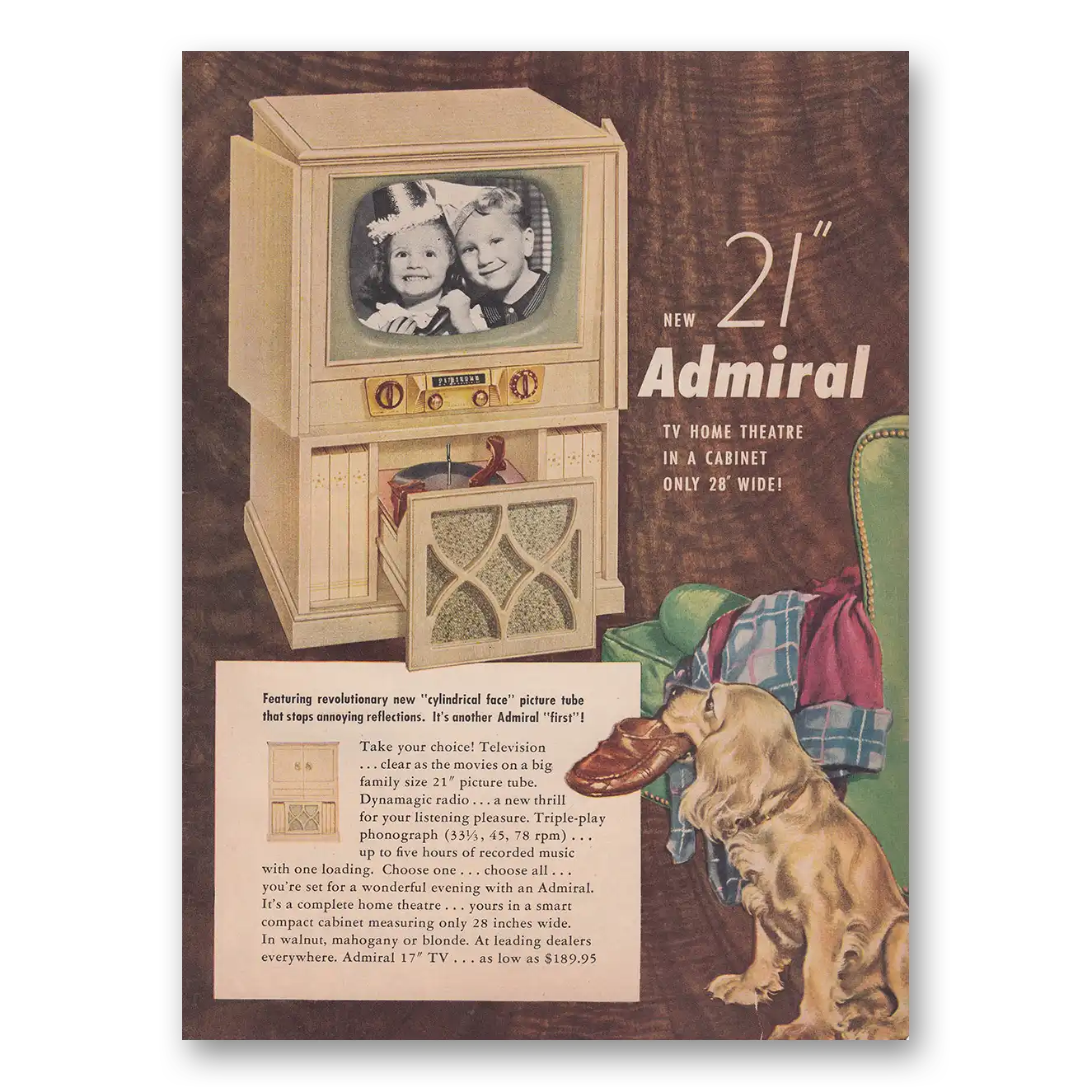 1952 Admiral Television Dog Cylindrical Face Picture Vintage Magazine Print Ad