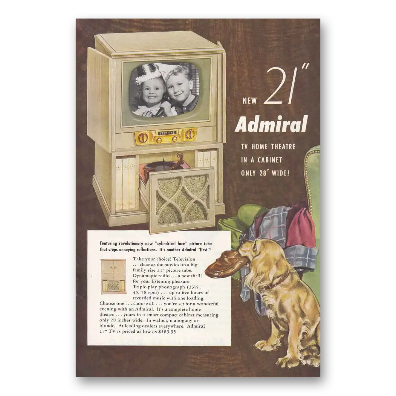 1952 Admiral Television Dog Cylindrical Face Picture Vintage Magazine Print Ad