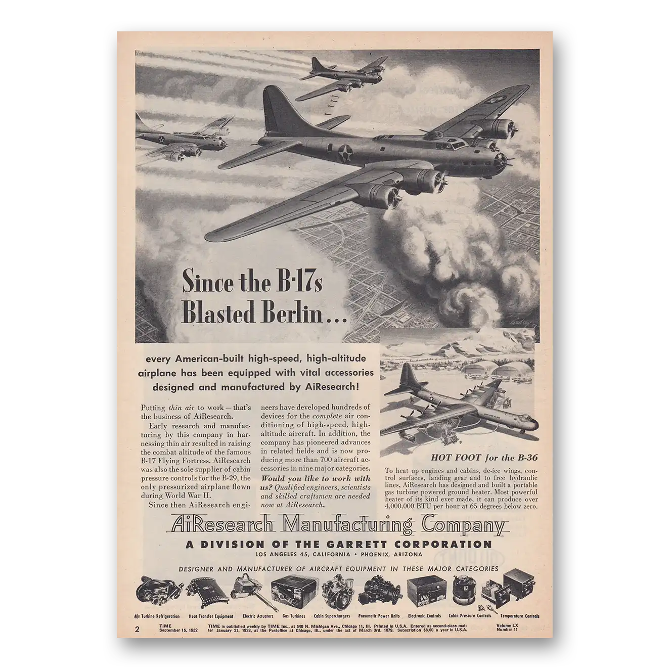 1952 Garrett AiResearch Since the B17s Blasted Berlin Vintage Magazine Print Ad