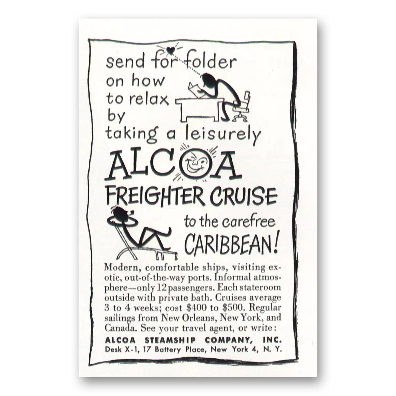 1952 Alcoa Steamship Freighter Cruise to the Carefree Caribbean Vintage Magazine Print Ad