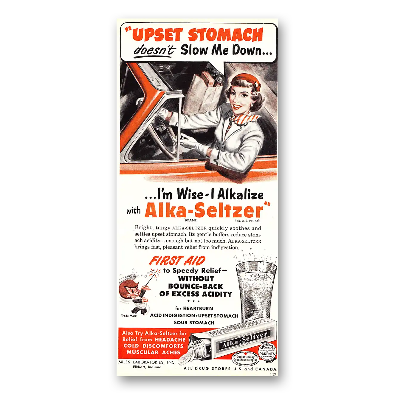 1952 Alka Seltzer Upset Stomach Doesn't Slow Me Down Vintage Magazine Print Ad