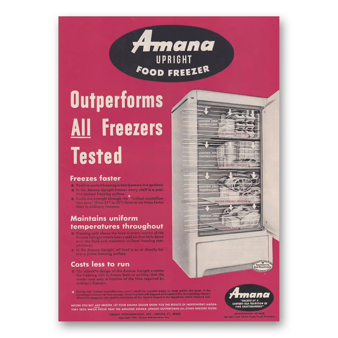 1952 Amana Freezer Upright Food Freezer Outperforms All Freezers Tested Vintage Magazine Print Ad