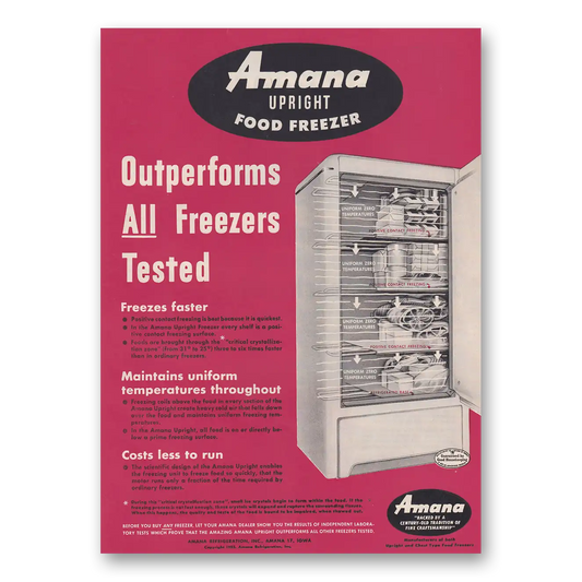 1952 Amana Freezer Upright Food Freezer Outperforms All Freezers Tested Vintage Magazine Print Ad