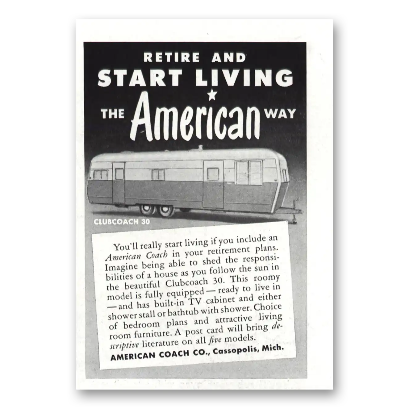 1952 American Coach Retire and Start Living Vintage Magazine Print Ad