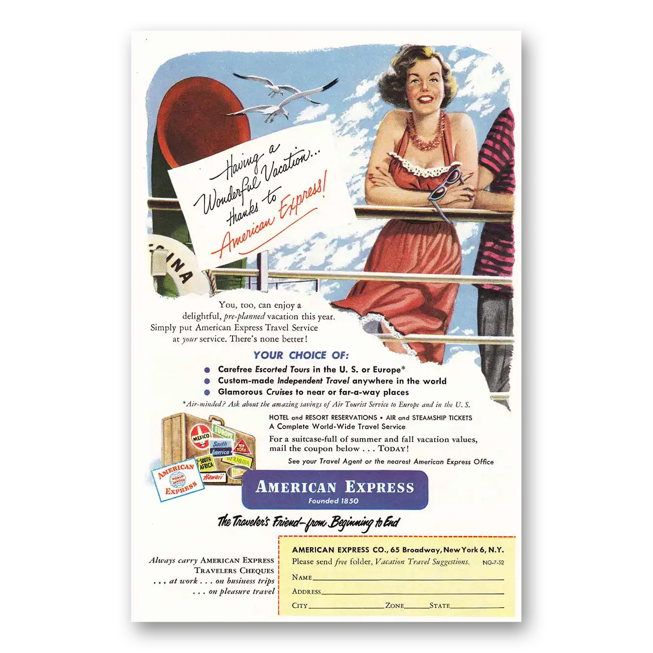 1952 American Express Wonderful Vacation Vintage Magazine Print Ad