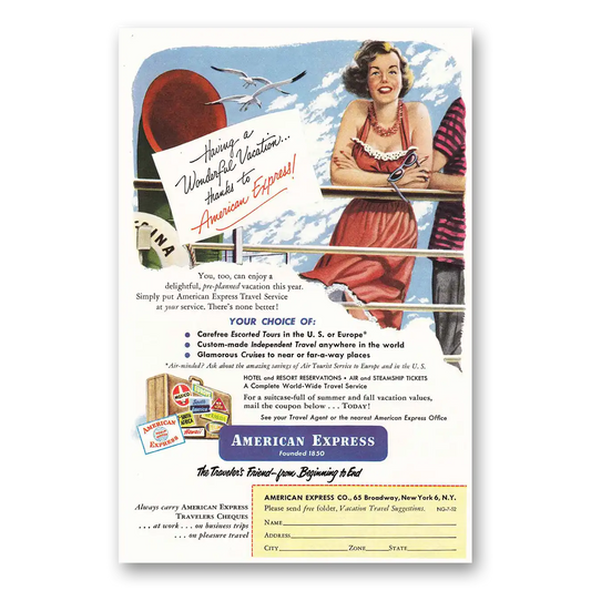 1952 American Express Wonderful Vacation Vintage Magazine Print Ad