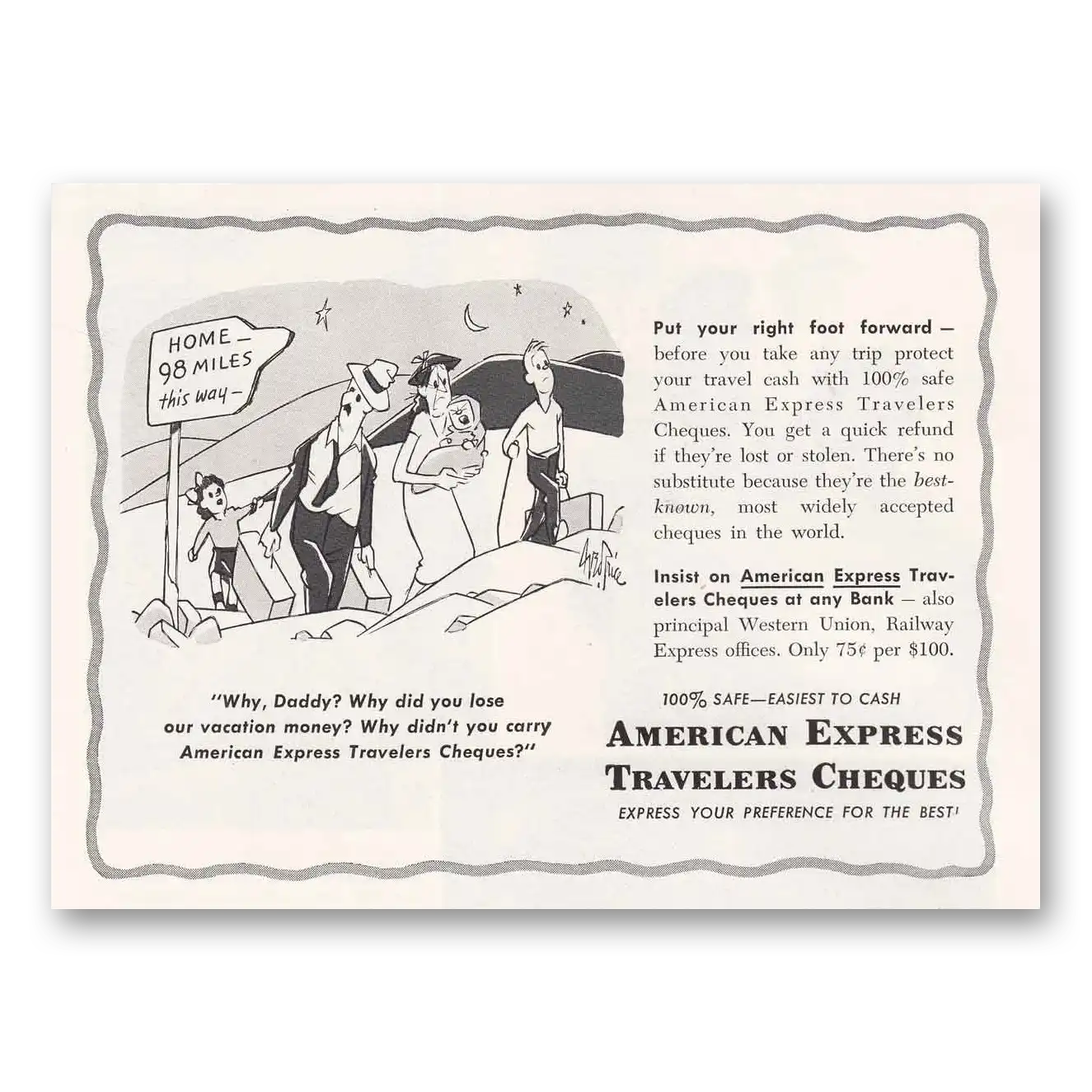 1952 American Express Travelers Cheques Welcome Home Vintage Magazine Print Ad