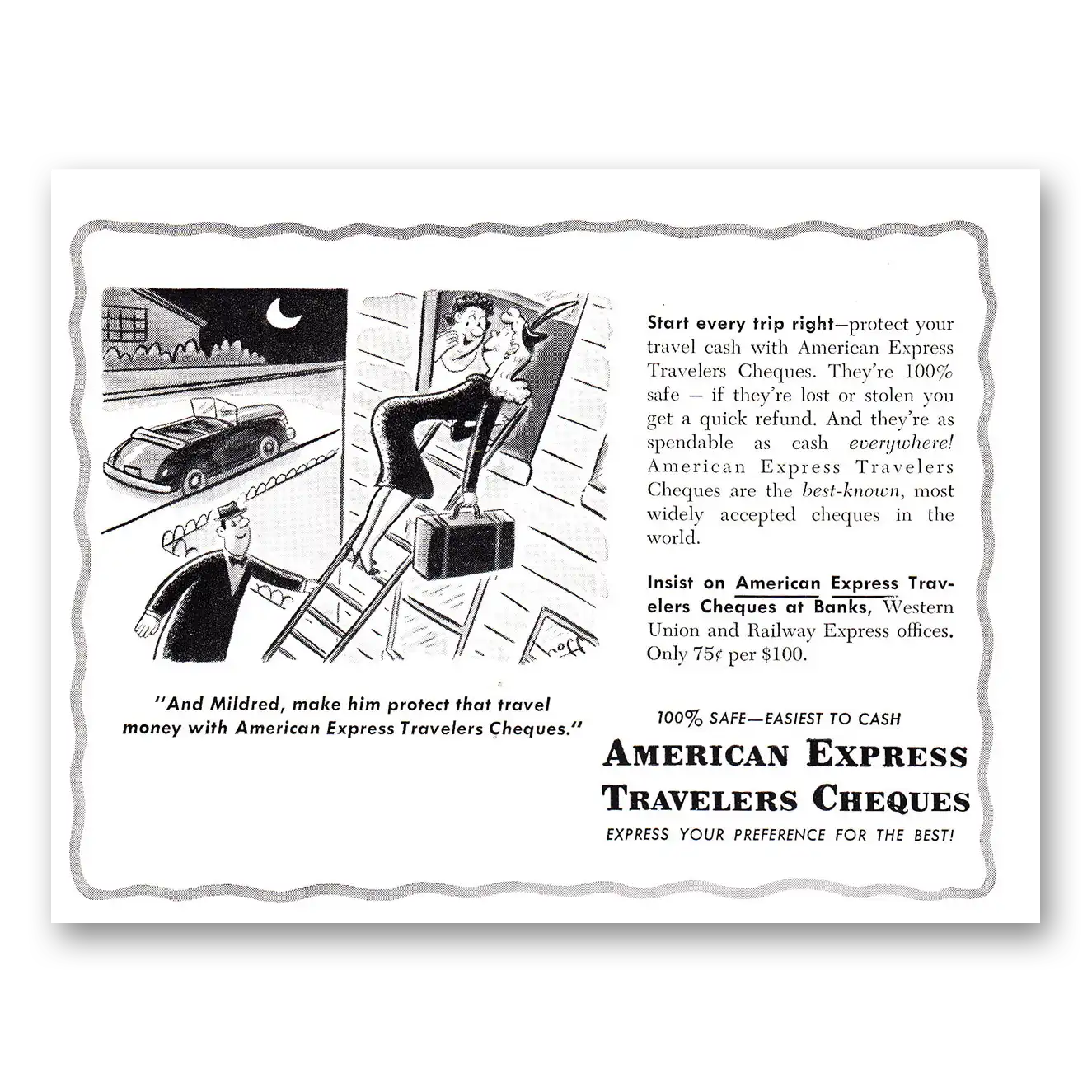 1952 American Express Travelers Cheques And Mildred Vintage Magazine Print Ad