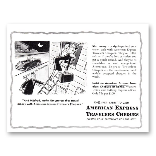 1952 American Express Travelers Cheques And Mildred Vintage Magazine Print Ad