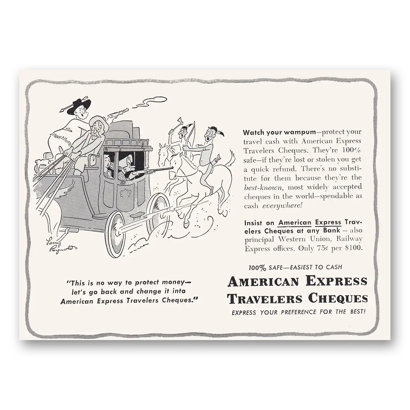 1952 American Express Travelers Cheques Your Wampum Vintage Magazine Print Ad