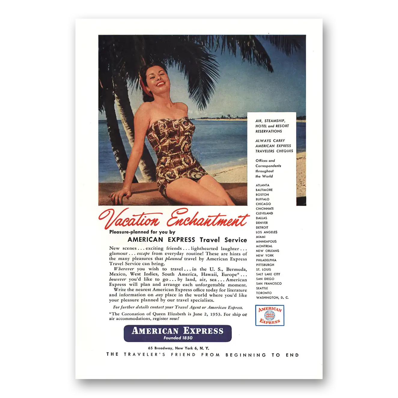 1952 American Express Vacation Enchantment Vintage Magazine Print Ad