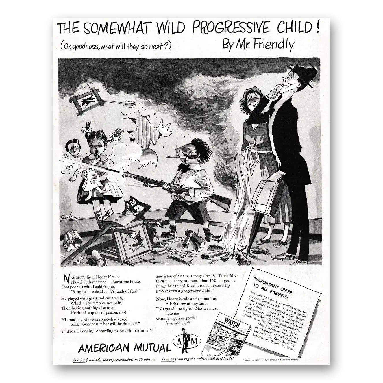 1952 American Mutual Insurance Somewhat Wild Progressive Child Mr Friendly Vintage Magazine Print Ad