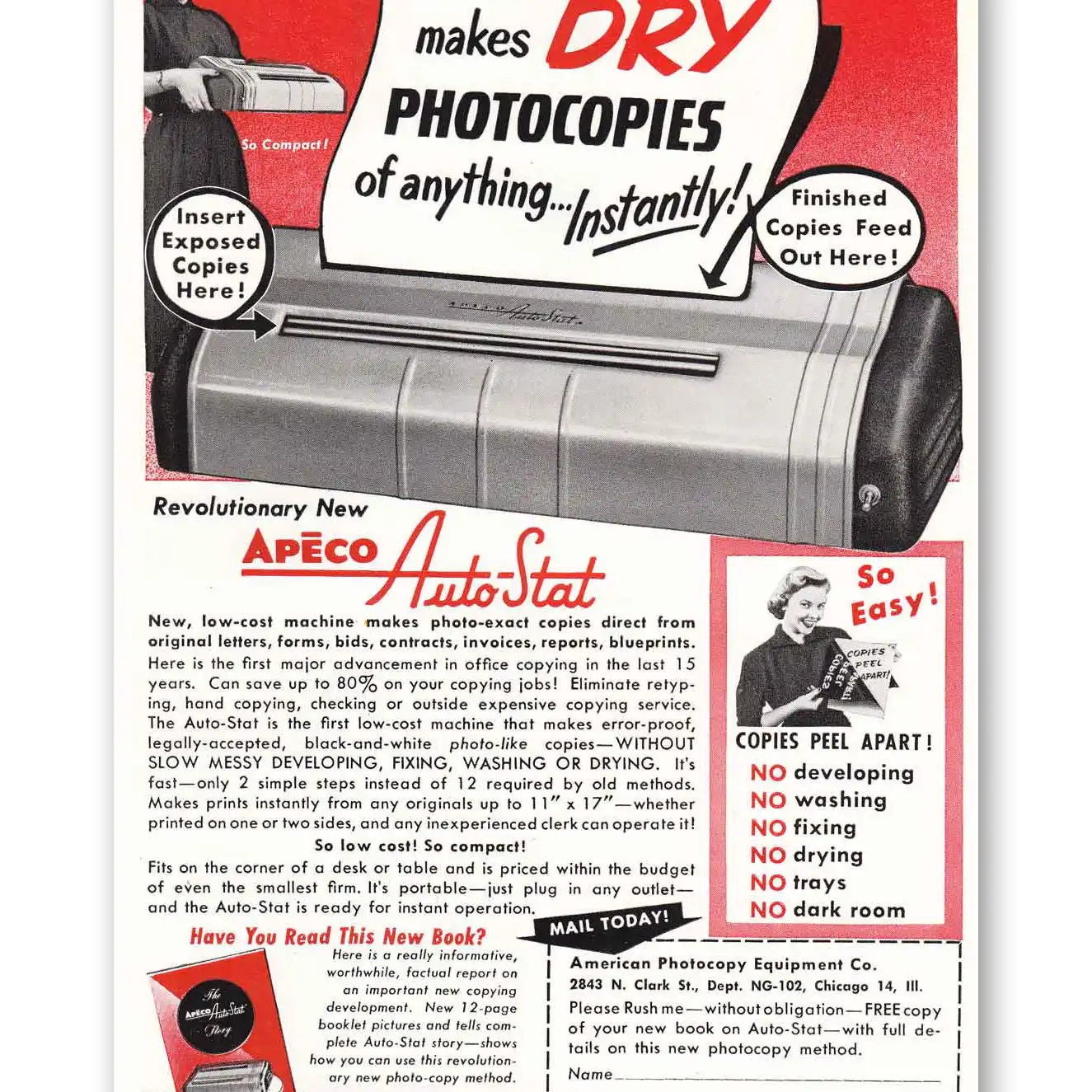 1952 Apeco Auto Stat Photocopier Auto Stat Dry Photocopies Vintage Magazine Print Ad