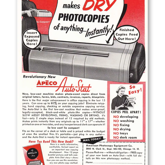 1952 Apeco Auto Stat Photocopier Auto Stat Dry Photocopies Vintage Magazine Print Ad