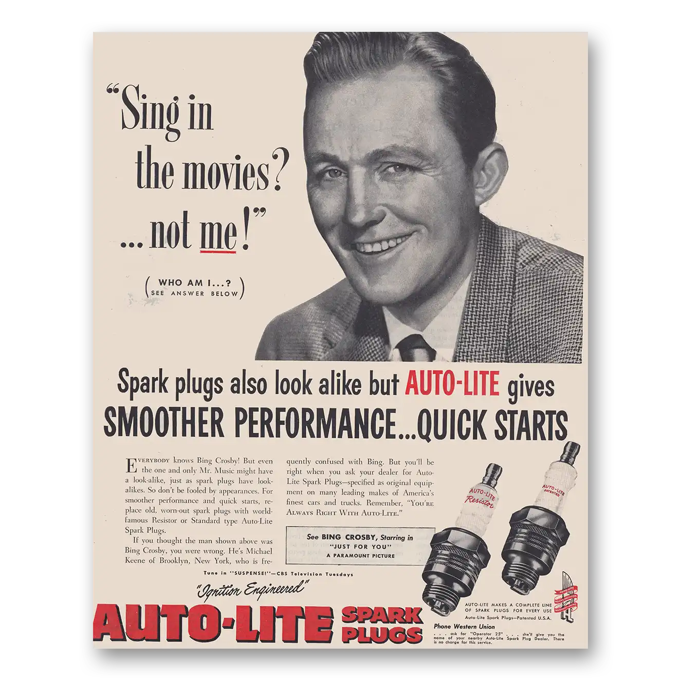 1952 Autolite Spark Plugs Bing Crosby Sing In the Movies Vintage Magazine Print Ad