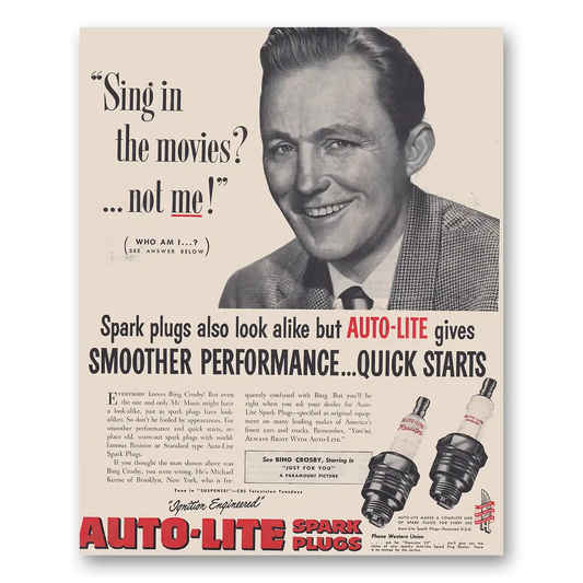 1952 Autolite Spark Plugs Bing Crosby Sing In the Movies Vintage Magazine Print Ad