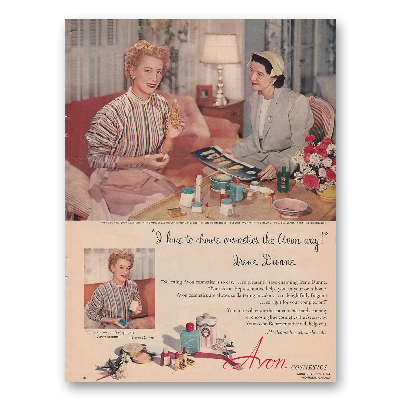 1952 Avon Irene Dunne I Love To Choose Cosmetics Vintage Magazine Print Ad