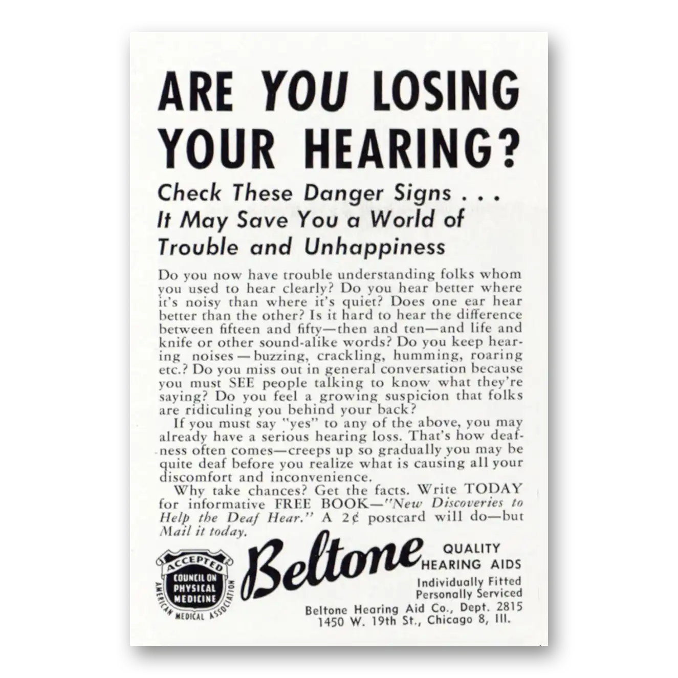 1952 Beltone Hearing Aid Are You Losing Your Hearing Vintage Magazine Print Ad