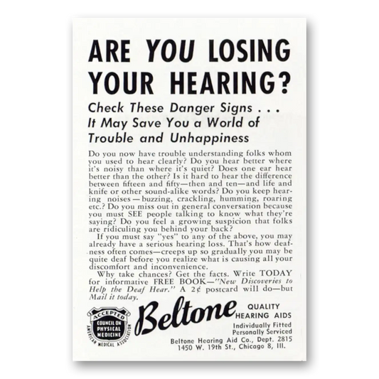 1952 Beltone Hearing Aid Are You Losing Your Hearing Vintage Magazine Print Ad