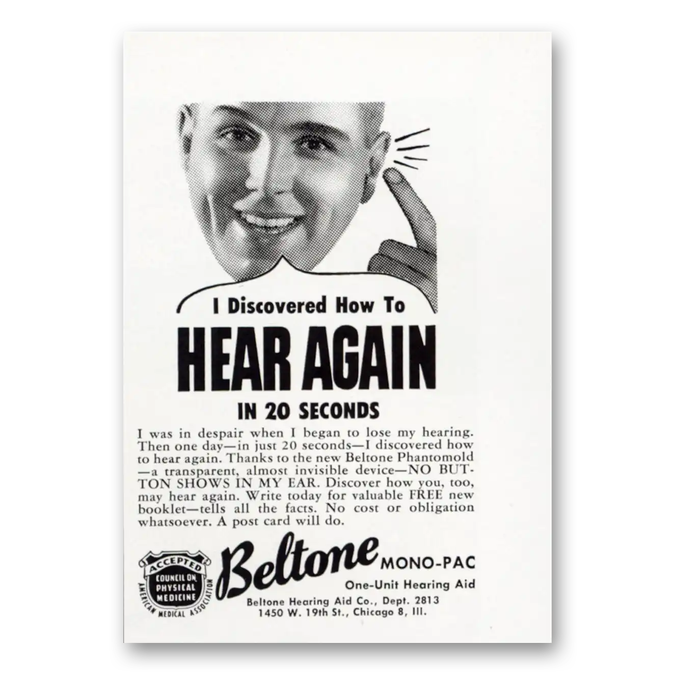 1952 Beltone Hearing Aid Hear Again In 20 Seconds Vintage Magazine Print Ad