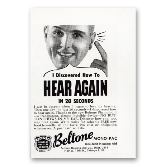 1952 Beltone Hearing Aid Hear Again In 20 Seconds Vintage Magazine Print Ad