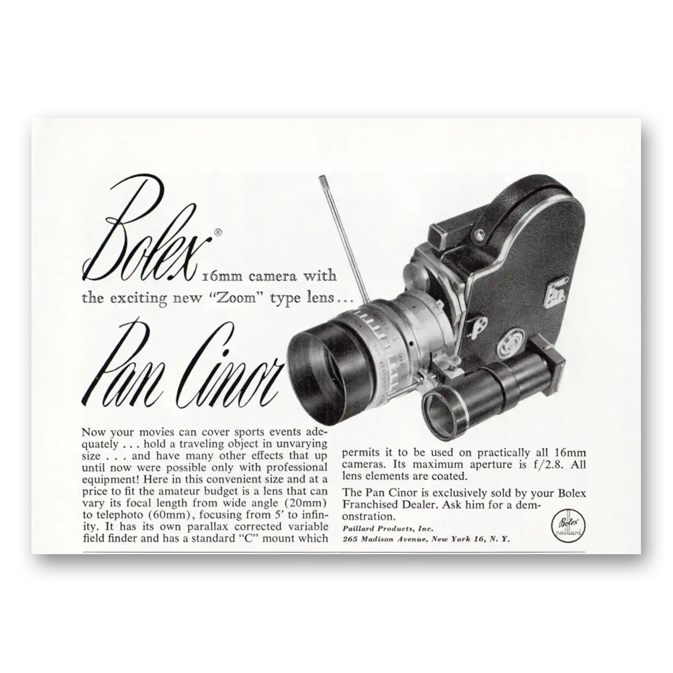 1952 Bolex Movie Camera Pan Cinor Zoom Type Lens Vintage Magazine Print Ad