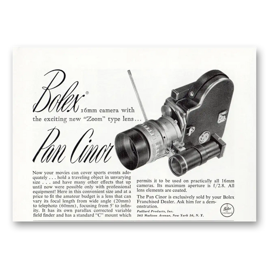 1952 Bolex Movie Camera Pan Cinor Zoom Type Lens Vintage Magazine Print Ad