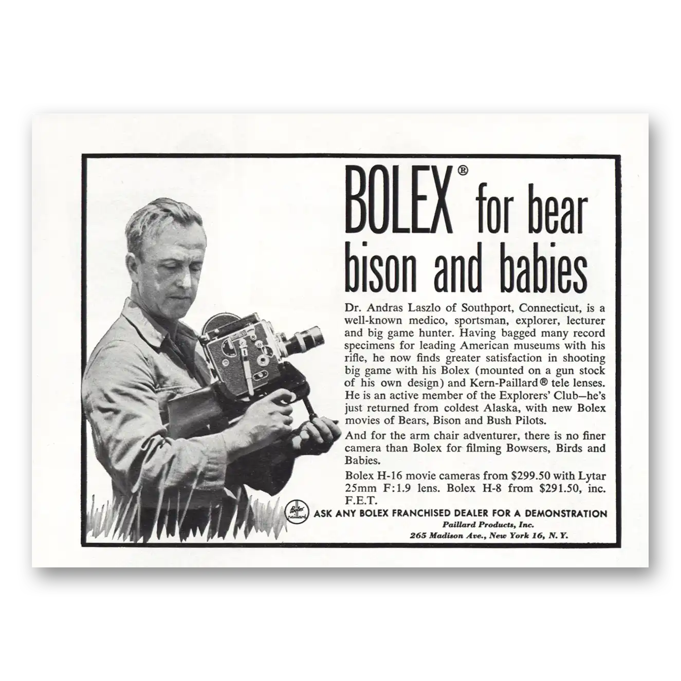 1952 Bolex Movie Camera Bear Bison and Babies Vintage Magazine Print Ad