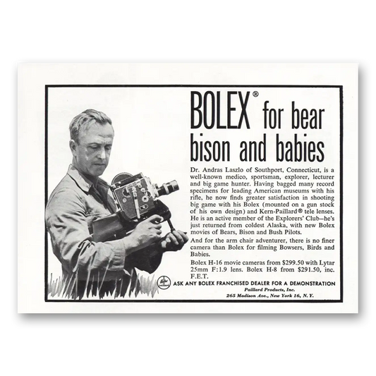 1952 Bolex Movie Camera Bear Bison and Babies Vintage Magazine Print Ad