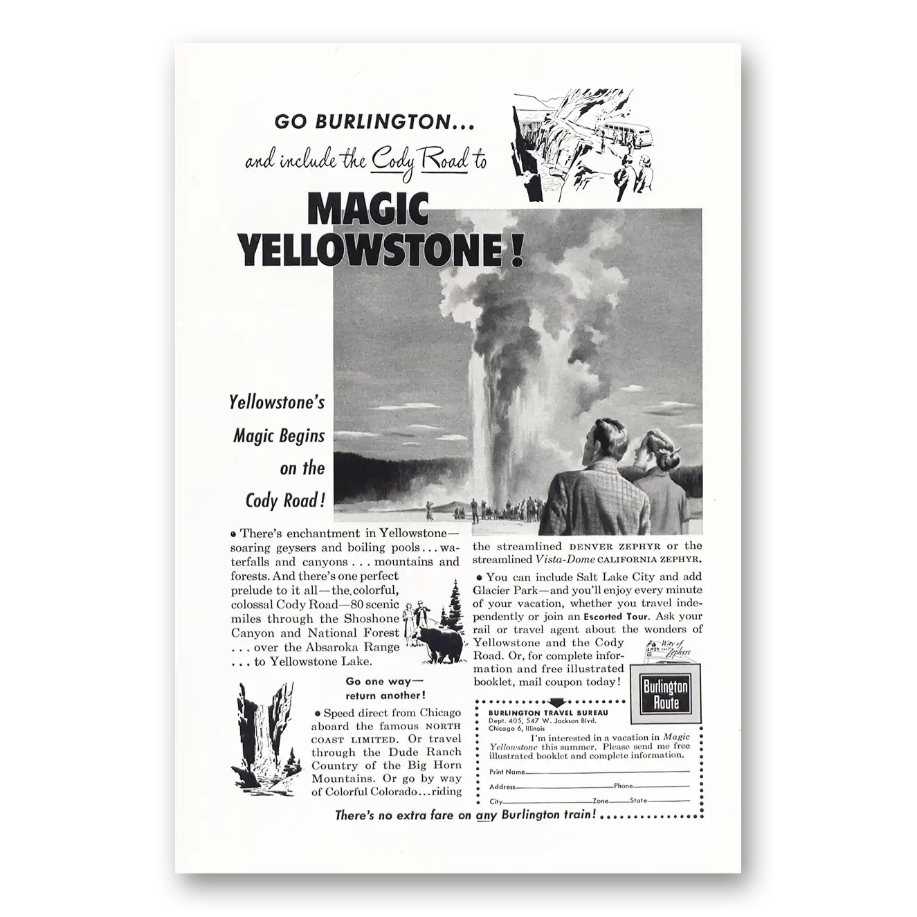 1952 Burlington Route Cody Road to Magic Yellowstone Vintage Magazine Print Ad