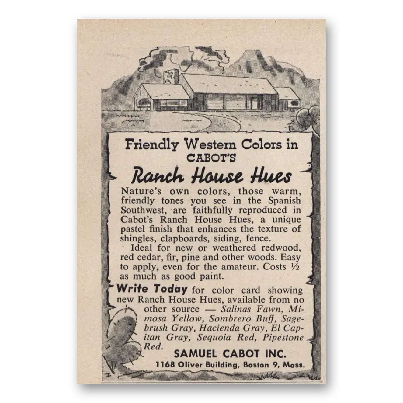 1952 Samuel Cabot Ranch House Hues Vintage Magazine Print Ad