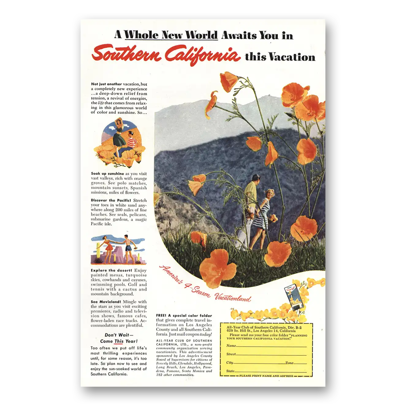 1952 Southern California Whole New World Vintage Magazine Print Ad