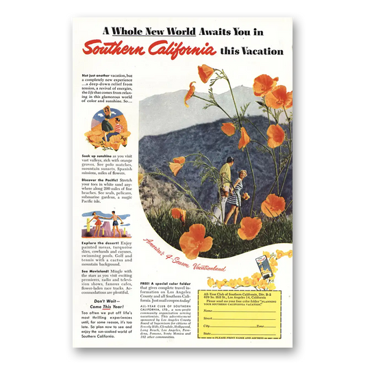 1952 Southern California Whole New World Vintage Magazine Print Ad