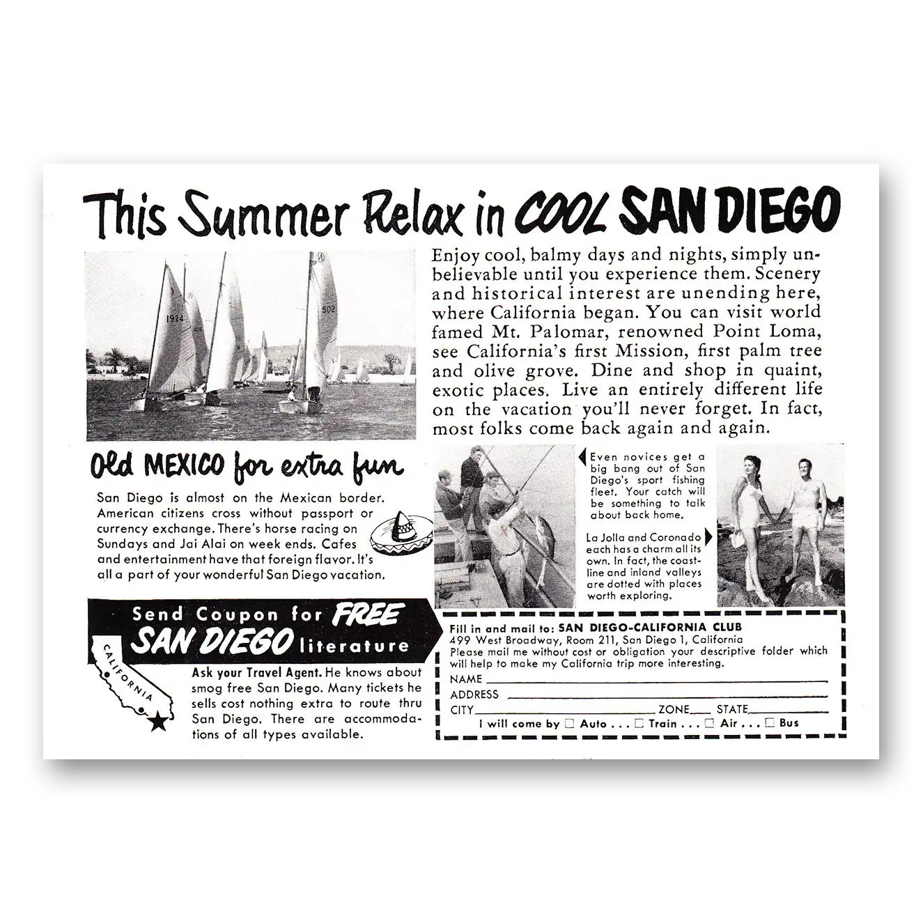 1952 San Diego California This Summer Relax Old Mexico for Extra Fun Vintage Magazine Print Ad