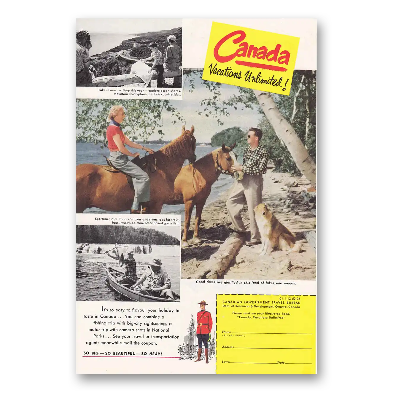 1952 Canada Horses Fishing Vintage Magazine Print Ad