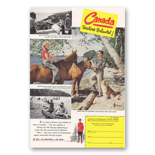 1952 Canada Horses Fishing Vintage Magazine Print Ad