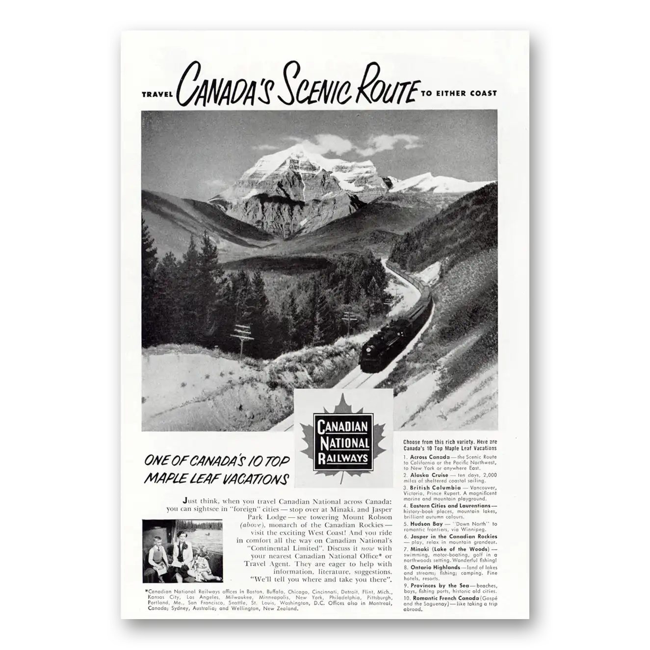 1952 Canadian National Railways Scenic Route to Either Coast Vintage Magazine Print Ad