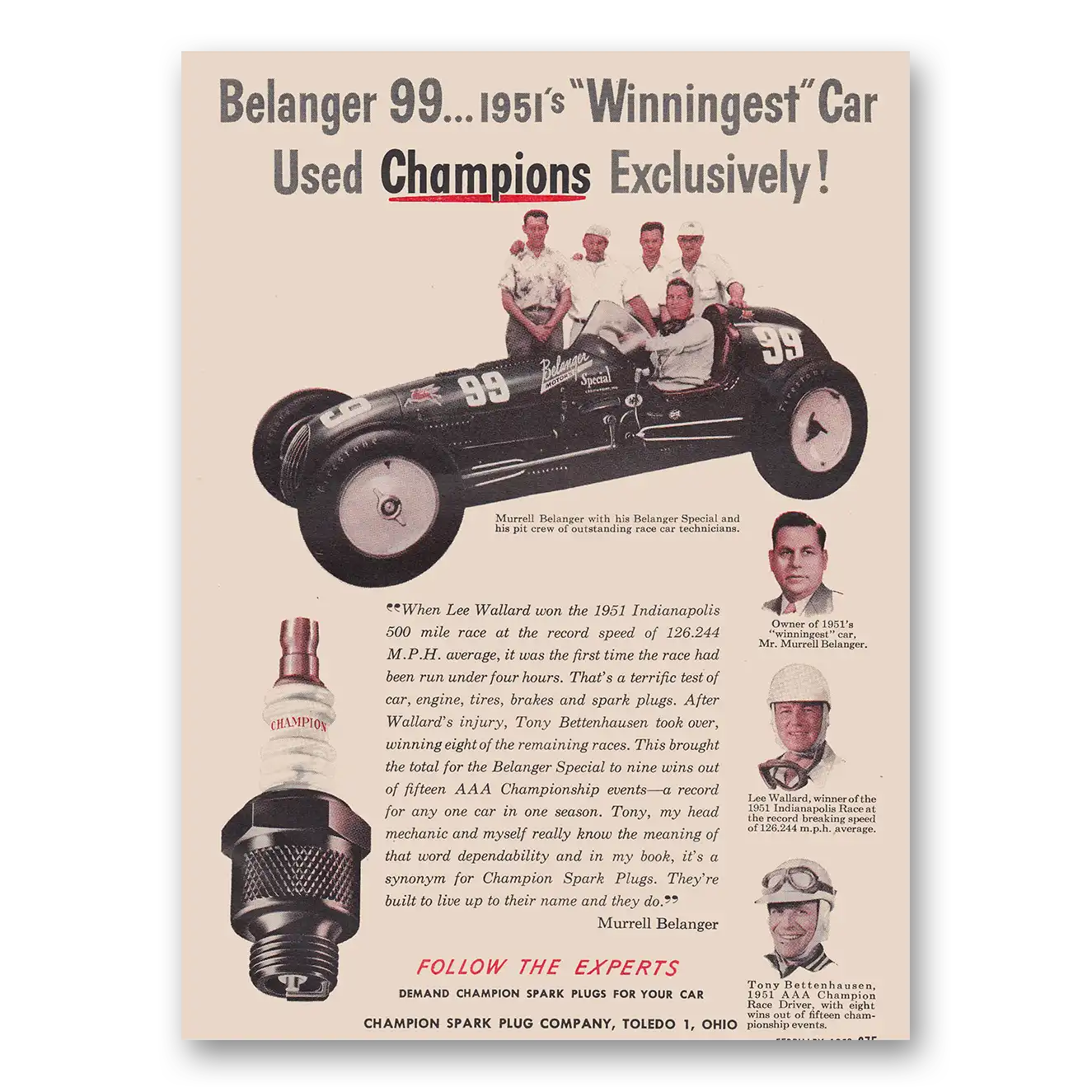 1952 Champion Spark Plugs Belanger 99 Winningest Car Lee Wallard Vintage Magazine Print Ad