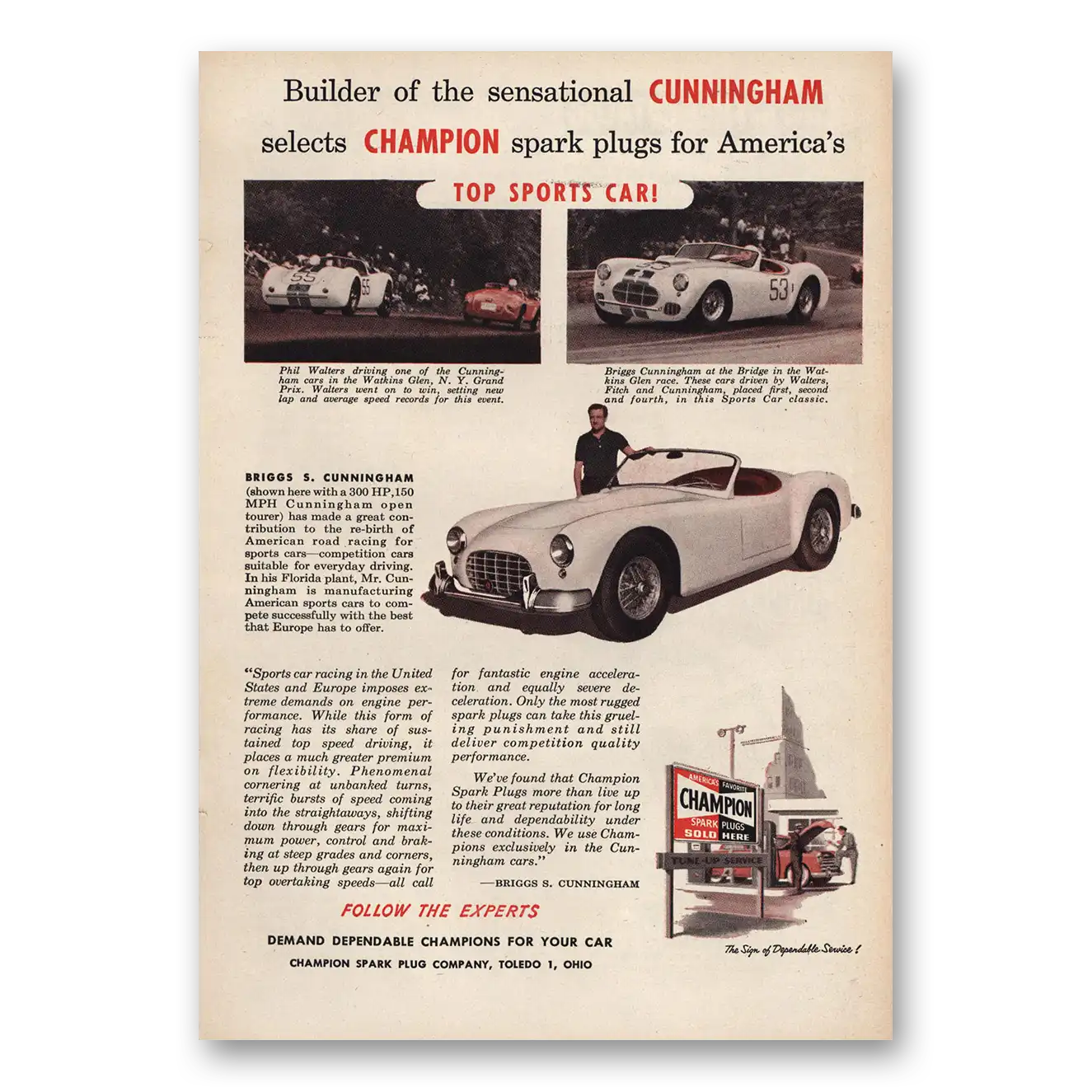 1952 Champion Spark Plugs Briggs Cunningham Vintage Magazine Print Ad