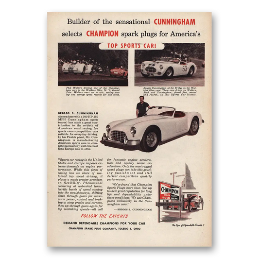 1952 Champion Spark Plugs Briggs Cunningham Vintage Magazine Print Ad