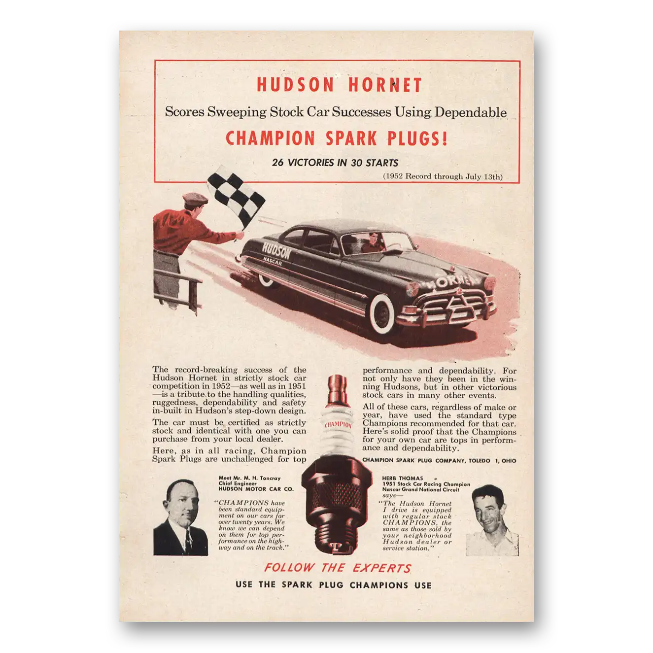 1952 Champion Spark Plugs Hudson Hornet Vintage Magazine Print Ad