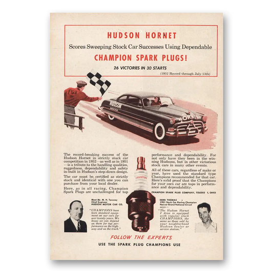 1952 Champion Spark Plugs Hudson Hornet Vintage Magazine Print Ad