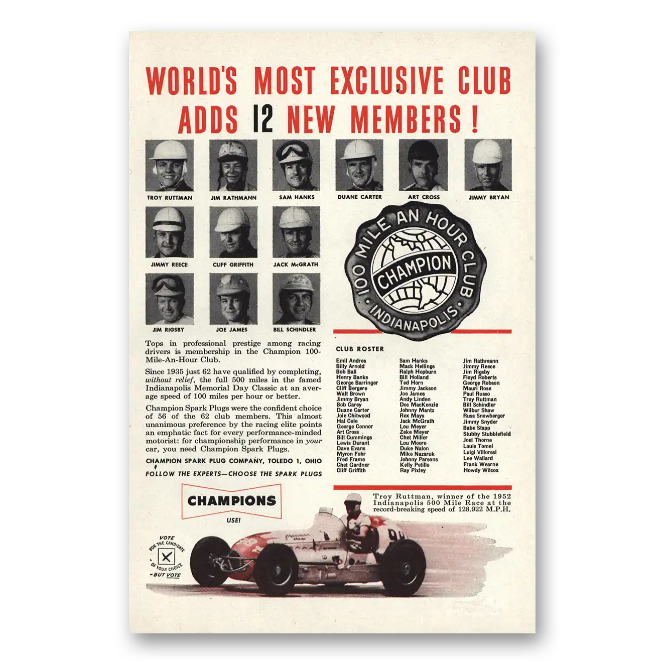 1952 Champion Spark Plugs Worlds Most Exclusive Club Vintage Magazine Print Ad