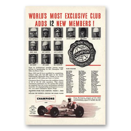 1952 Champion Spark Plugs Worlds Most Exclusive Club Vintage Magazine Print Ad