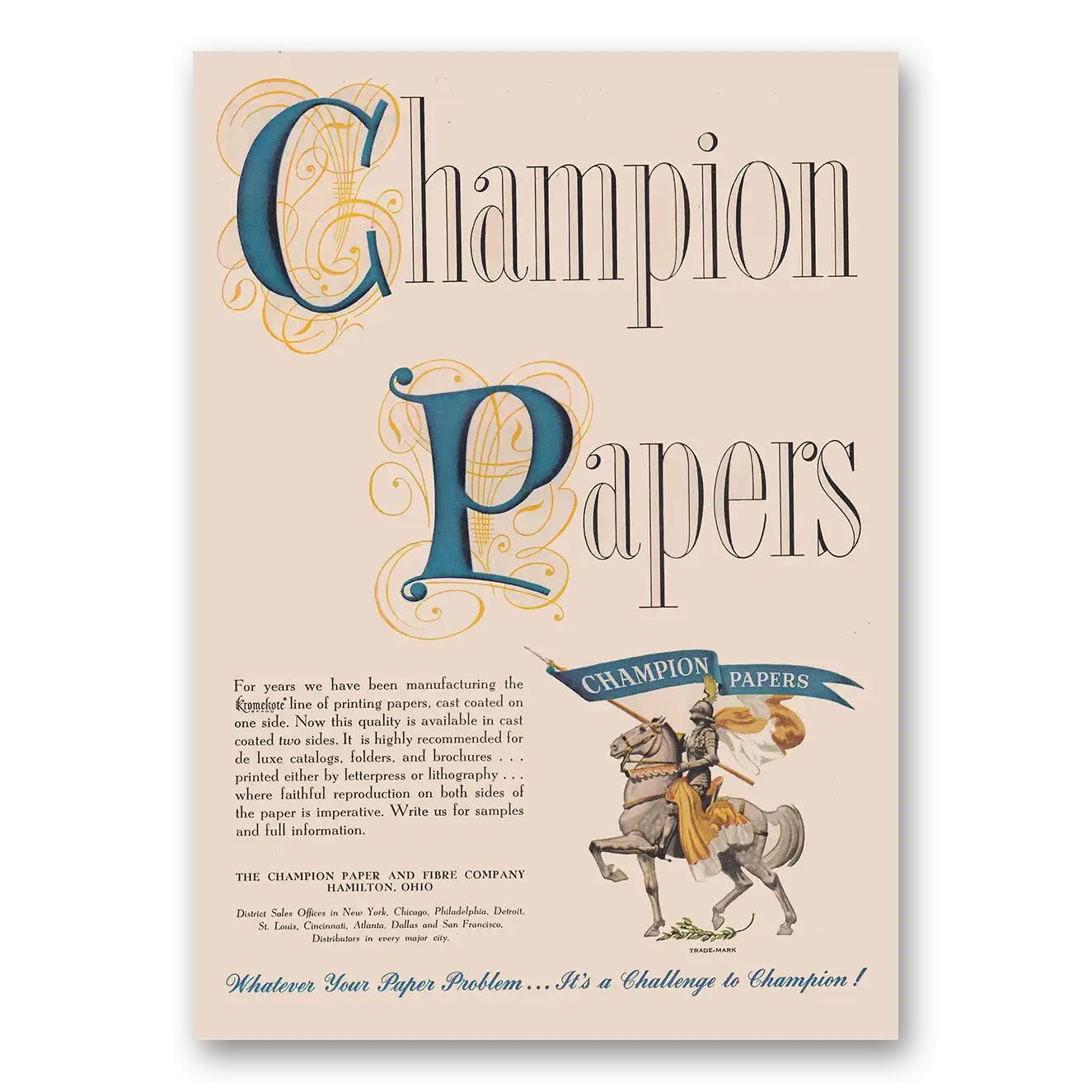 1952 Champion Papers For Years We Have Been Manufacturing Vintage Magazine Print Ad