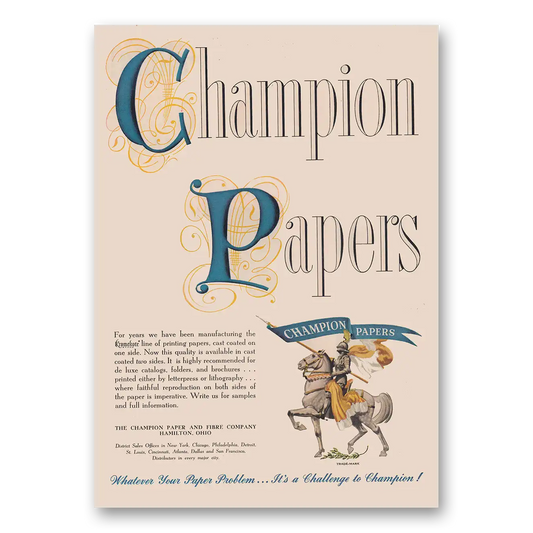 1952 Champion Papers For Years We Have Been Manufacturing Vintage Magazine Print Ad