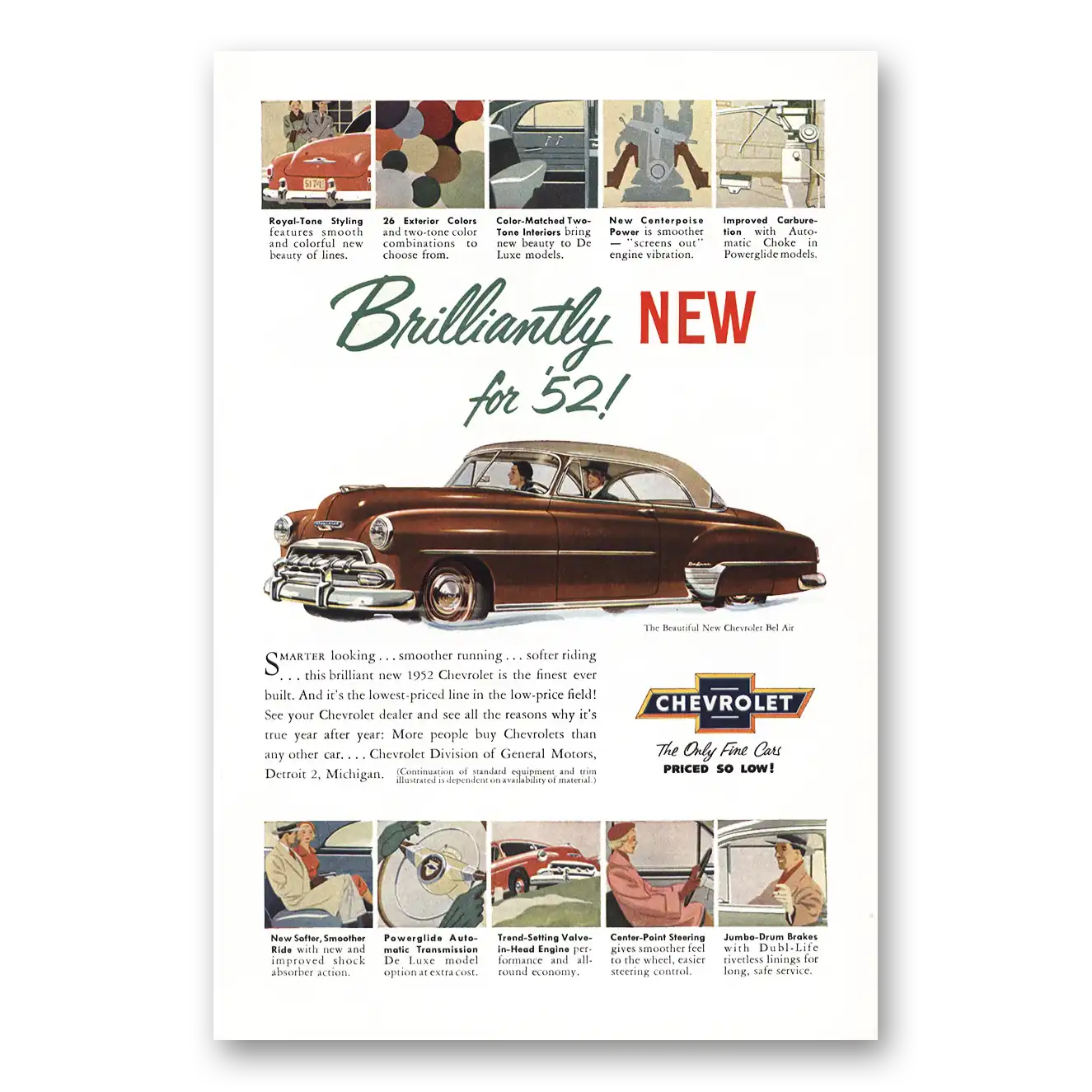 1952 Chevrolet Bel Air Brilliantly Royal Tone Styling Vintage Magazine Print Ad